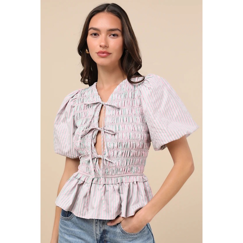 Nwt Extro&Vert Nevaeh Pink Striped Tie-Front Puff Sleeve Peplum Top M — image 3 of 4